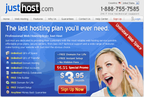 justhost美国虚拟主机-$3.95/月-无限空间/无限流量/一个免费域名